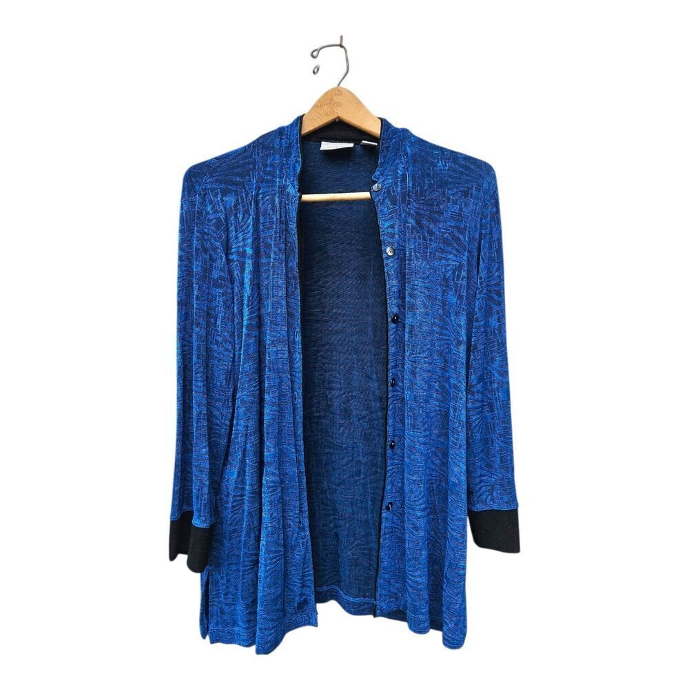 Vintage Chicos travelers Cardigan Women Size 1 Medium Blue Slinky Knit Made USA